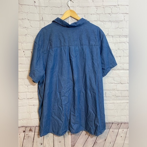 Woman Within Top Blue Chambray Denim Button Up Short Sleeve Plus Size 3X - Picture 2 of 5